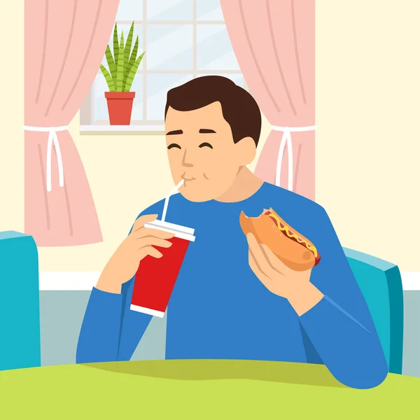 Homme Qui Mange Hot Dog Boit Soda Dans Salon Caractère — Image vectorielle