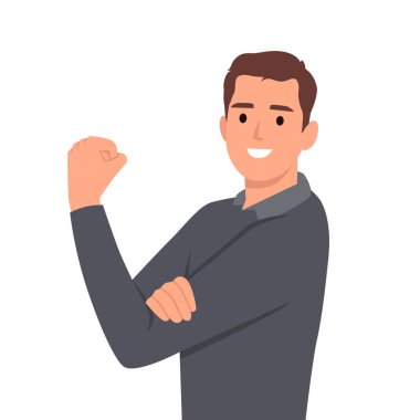 Genç adam kaslarını gösterip kaslarını esnetiyor. Düz vektör çizimi beyaz arkaplanda izole edildi