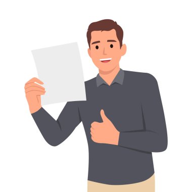 Adam, sözleşmesi olan bir kağıt gösteriyor. Düz vektör çizimi beyaz arkaplanda izole edildi