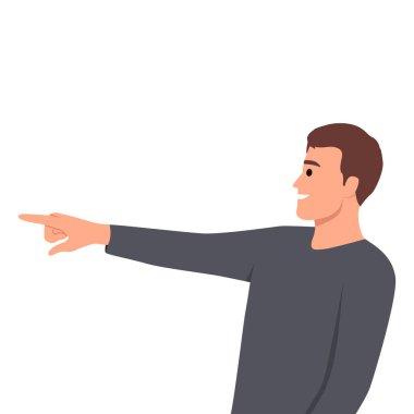 Genç bir yüz ifadesi olan bir adamın portresi parmağını sola doğru gösteriyor. Düz vektör çizimi beyaz arkaplanda izole edildi