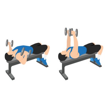 Man doing Flat bench dumbbell flyes exercise. Flat vector illustration isolated on white background clipart