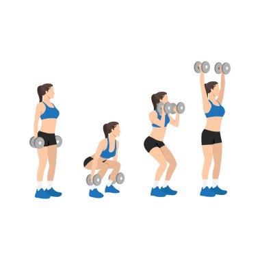 Dumbbell 'ı temizleyen ve basın egzersizi yapan kadın. Düz vektör çizimi beyaz arkaplanda izole edildi