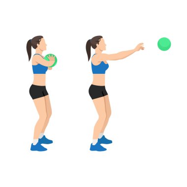 Medicine Ball göğüs testi yapan bir kadın. Düz vektör çizimi beyaz arkaplanda izole edildi