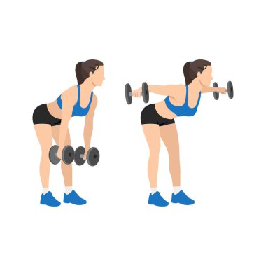 Dumbbell taklidi yapan kadın arkadan destek alıyor. Uçuş egzersizi. Düz vektör çizimi beyaz arkaplanda izole edildi