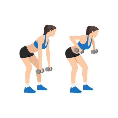 Dumbbell Row egzersizi yapan bir kadın. Düz vektör çizimi beyaz arkaplanda izole edildi