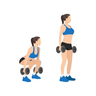 Dumbbell egzersizi yapan bir kadın. Düz vektör çizimi beyaz arkaplanda izole edildi