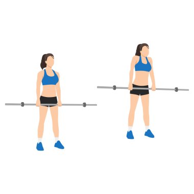Barbell omuz silkme egzersizi yapan bir kadın. Düz vektör çizimi beyaz arkaplanda izole edildi