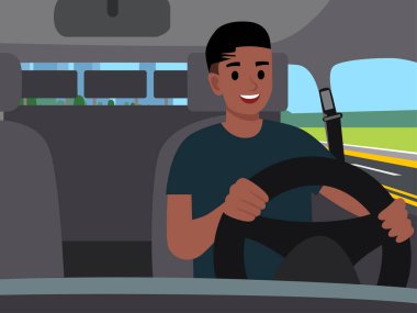 Araba süren bir adam. Araç içi ve sürücü, vektör illüstrasyonu