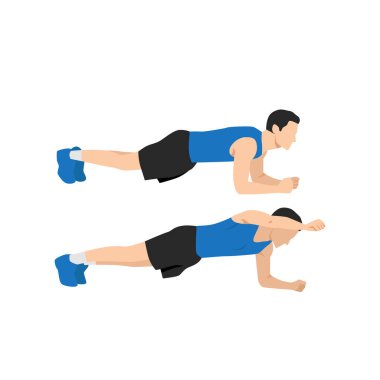 Dirsek kalası kaldırma egzersizi yapan adam. Düz vektör çizimi beyaz arkaplanda izole edildi