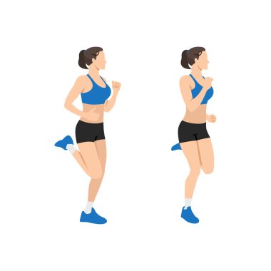Woman doing Butt kicks exercise. Flat vector illustration isolated on white background