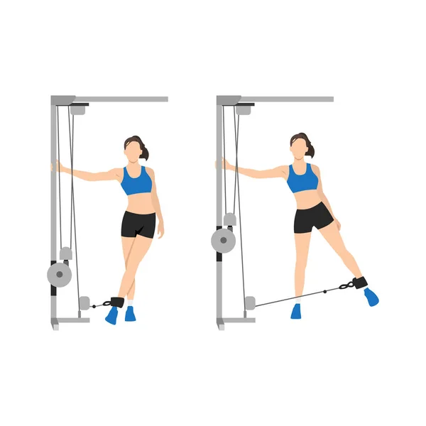 Woman Doing Cable Hip Abduction Adduction Exercise Flat Vector Illustration — Stock Vector