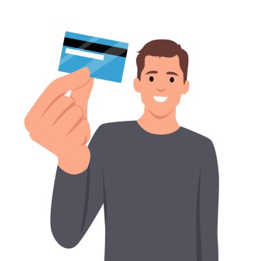 Kredi kartı, banka kartı, ATM kartı gösteren mutlu genç bir işadamı. Adam el hareketi yapıyor. Erkek karakter tasarımı çizimi. İnsan duyguları, yüz ifadeleri. Düz vektör çizimi beyaz arkaplanda izole edildi