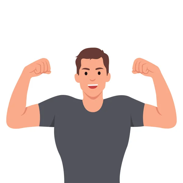 Atrakcyjny Młody Muskularny Mężczyzna Napinający Bicepsy Uśmiechnięty Szczęśliwy Płaska Ilustracja — Wektor stockowy