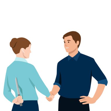 Tehlikeli anlaşma, katil konseptini saklamak. İş kadını ve erkek yan yana durur ve biri sırtında bıçak tutarken el sıkışırlar. Düz vektör çizimi beyaz arkaplanda izole edildi