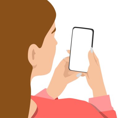 Elinde akıllı telefon olan bir kadın. Kız fotoğraf çekiyor, selfie çekiyor. Telefonda fotoğrafçı kız. Telefon, internet kullanıcısı. Düz vektör çizimi beyaz arkaplanda izole edildi