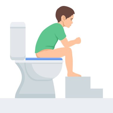 Bebek çocuk, sağlıksız duruş vektör illüstrasyonunda klozetin üzerinde oturuyor. Çizgi filmdeki komik anaokulu çocuğu tuvalette ayak bankıyla tuvalet kullanmayı öğreniyor. Düz vektör çizimi beyaz arkaplanda izole edildi