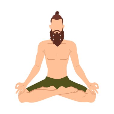 Bir adam nilüfer pozisyonunda oturur, yoga yapar, beyaz bir arka planda izole olur. Hippi meditasyon yapar. Düz vektör çizimi beyaz arkaplanda izole edildi