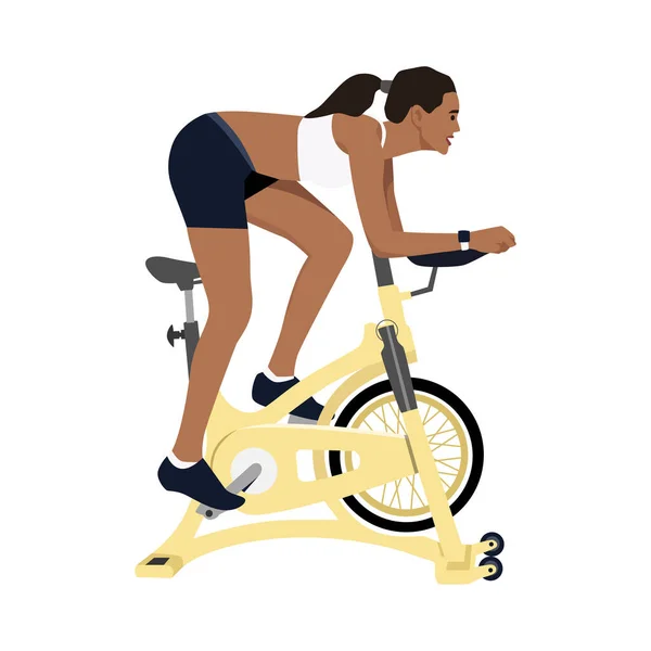 Black Girl Doing Stationary Exercise Bike Workout Flat Vector Illustration — Stock Vector