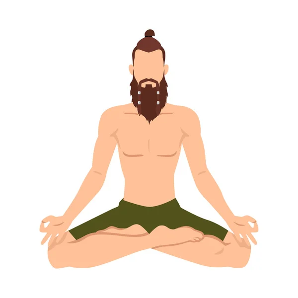 Funny man with beard in yoga position on studio pink background
