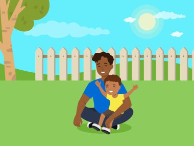 Baba oğul arka bahçede oturarak oynuyorlar. Düz vektör çizimi beyaz arkaplanda izole edildi