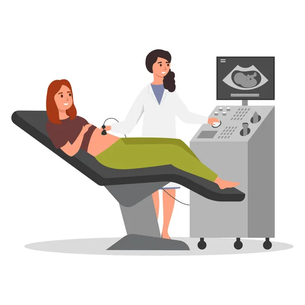 Medizinische Ultraschalluntersuchung Darstellung Des Schwangerschaftsvektors Cartoon Junge Schwangere Frau Auf — Stockvektor