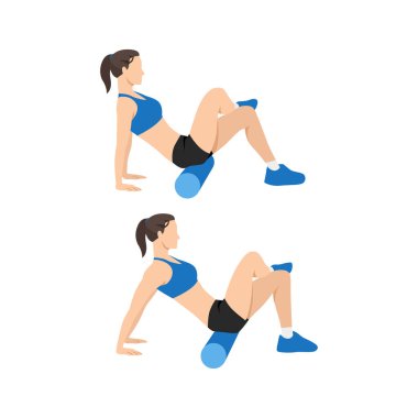 Woman doing Foam roller gluten. butt stretch exercise. Flat vector illustration isolated on white background