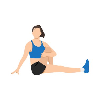 Oturmuş bükülme egzersizi yapan bir kadın. Düz vektör çizimi beyaz arkaplanda izole edildi