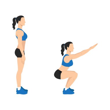 Woman doing bodyweight squat exercise. Flat vector illustration isolated on white background clipart