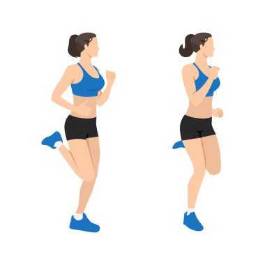 Woman doing Butt kicks exercise. Flat vector illustration isolated on white background