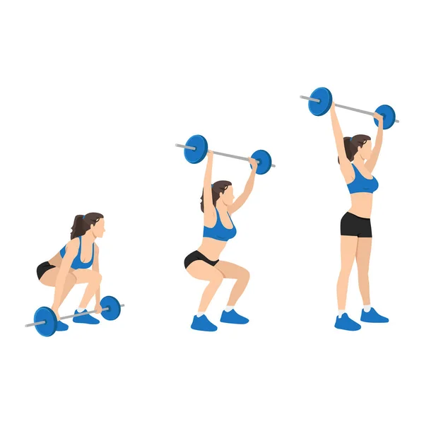 Woman Doing Barbell Snatch Exercise Flat Vector Illustration Isolated White — Stock Vector