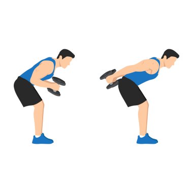 Çift kollu bileklik egzersizi yapan bir adam. Düz vektör çizimi beyaz arkaplanda izole edildi