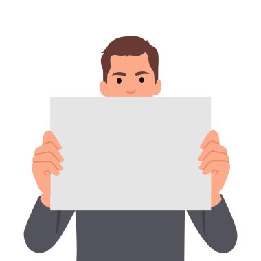 Kızgın adam protesto ediyor ve elinde boş bir işaret tutuyor. Çocuk boş bir afiş tutuyor ve mesaj yazıyor. Düz vektör çizimi beyaz arkaplanda izole edildi