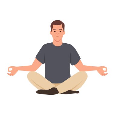 Yoga yapan bir adam. Yogi Padmasana Lotus pozunda oturuyor, meditasyon yapıyor, rahatlıyor, sakinleşiyor ve stresle başa çıkıyor. Düz vektör çizimi beyaz arkaplanda izole edildi