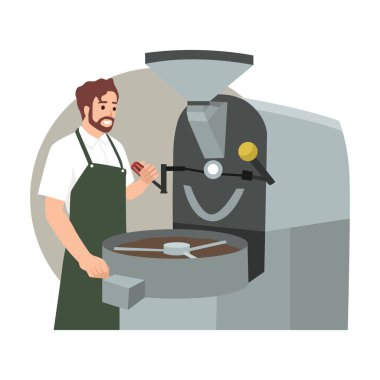 Endüstriyel kızartma makinesinde kahve çekirdeği kızartma işlemi. Barista ekipmanların işleyişini izliyor. İçinde çiğ ve bitmiş ürünler olan çantalar. Raflardaki kağıt torbalarda paketlenmiş kahve. Düz çizgi film vektörü