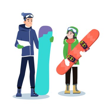 Aktif kış eğlenceleri, kış sporları, snowboard sporları. Dağların arka planında bir adam ve bir kız ellerinde snowboard tutarak iletişim kuruyor. Düz bilgi grafikleri. Vektör illüstrasyonu.