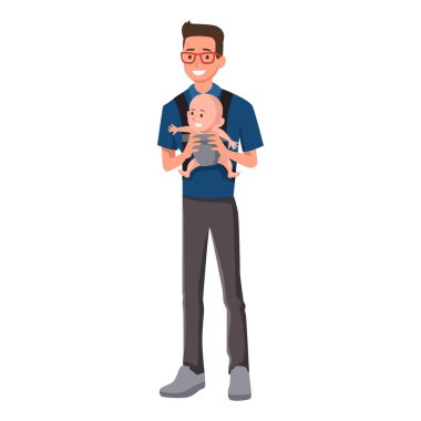 Babalar günün kutlu olsun. Babası bebeğini kucağında bebek taşıyıcısıyla kucağında tutuyor. Düz vektör illüstrasyonu