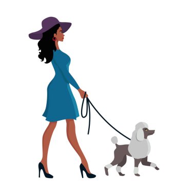 Güzel bir kadın köpeğini tarzıyla gezdiriyor. Düz vektör illüstrasyon tasarımı