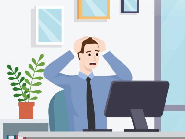 Genç adam şaşkın bir iş adamı koltuğunda oturuyor ve bilgisayarından kötü satış performansı verilerini izliyor. Düz vektör çizimi beyaz arkaplanda izole edildi