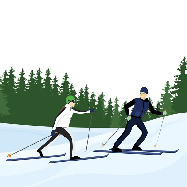 在山上的情侣滑雪反对蓝天 冬季运动和娱乐 寒假度假和滑雪胜地概念矢量插图 — 图库矢量图片