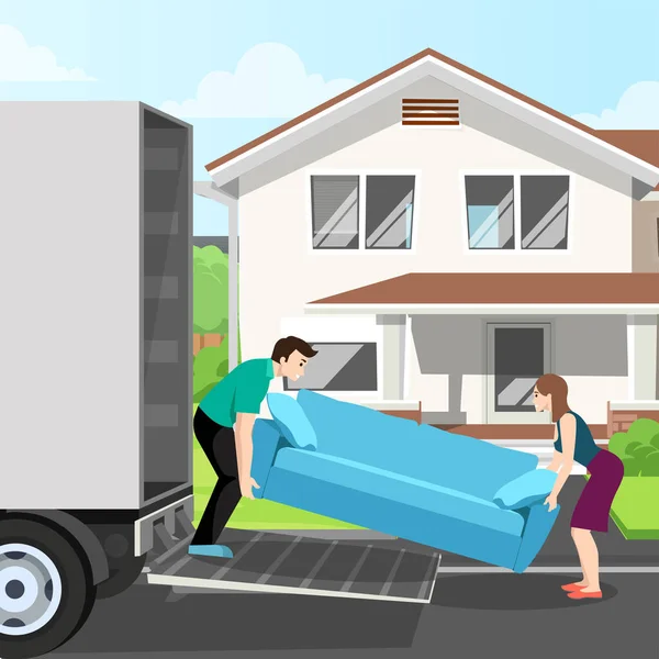 Couple Moves New House Holding Sofa Things Background Home Vector — Stock Vector
