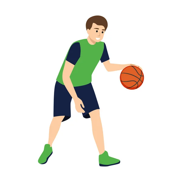 Cute Little Boy Dribbling Basketball Flat Vector Illustration Isolated White — Stock Vector