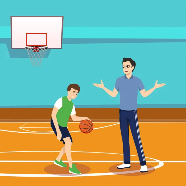 Иллюстрация Баскетбольного Тренера Дающего Инструкции Мальчику Который Капает Мяч Корте — стоковый вектор