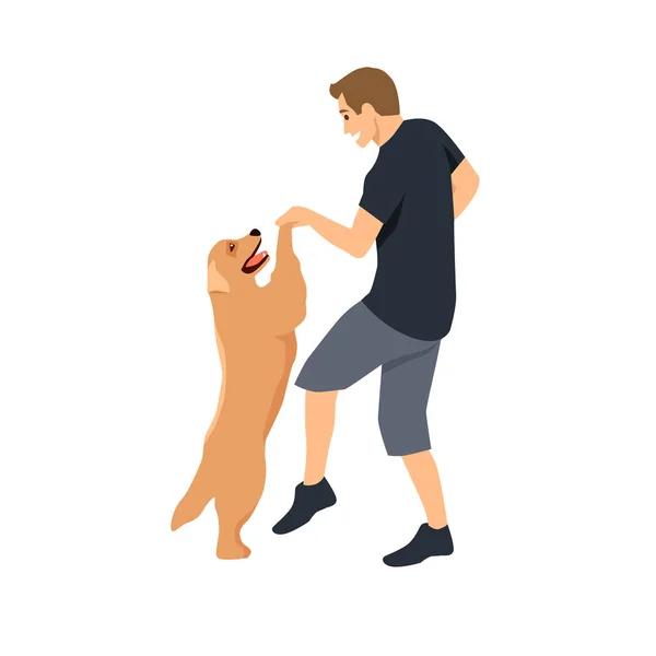 男子跳舞与他可爱的金毛猎犬平面矢量图形孤立在白色背景 — 图库矢量图片