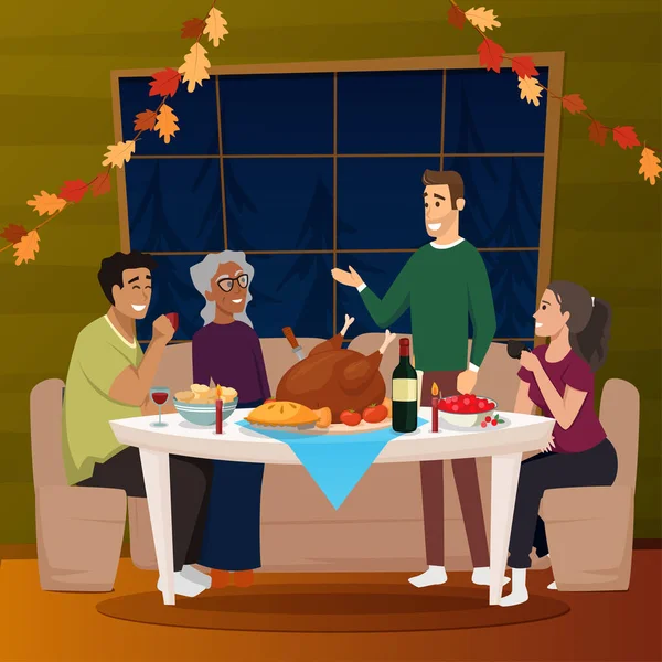 Christmas and Thanksgiving inspired Holiday card with diversity family celebrating Thanksgiving day turkey at the table. Vector flat design family Holiday weekend illustration for poster,card,banner