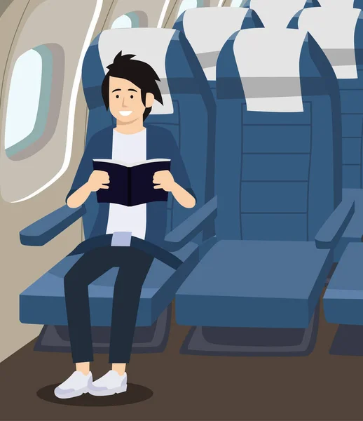 Asijský Muž Čte Knihu Rovině Vektorové Ilustrace Letadlová Ulička — Stockový vektor