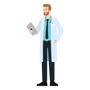 Doktor karakterin elinde tablet düz vektör çizimi var. Beyaz arka planda, üzerinde tıbbi ceket duruyor.