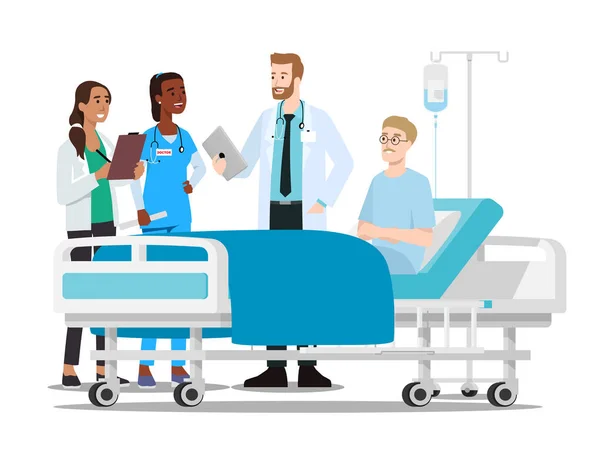 Γιατρός Συζητά Πράγμα Ασθενή Και Νοσοκόμες Επίπεδη Διανυσματική Απεικόνιση Απομονώνονται — Διανυσματικό Αρχείο