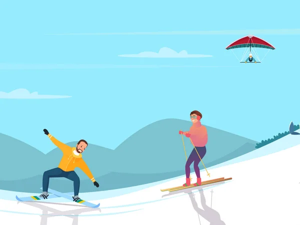 Vektor Illustration Von Paar Skifahrer Berge Schnee Skimaskenruhe Den Bergen — Stockvektor
