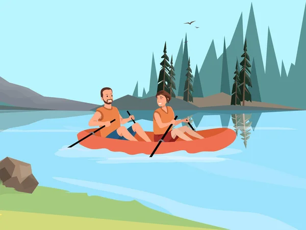 Vector Illustration Couple Canoe Rowing Oars River Flat Art — Stock Vector
