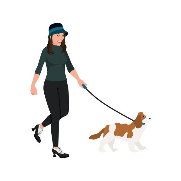 Woman Walking Her Dog Flat Vector Illustration Isolated White Background — Stock Vector